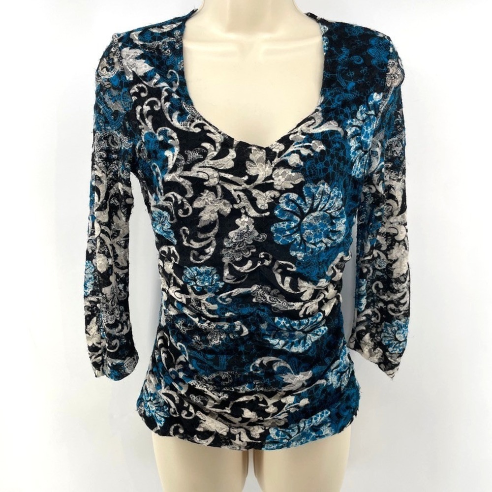 Vtg Women S Top Blue Black Fairy Grunge Floral Ruched  Stretchy Y2K 90s Alt Girl